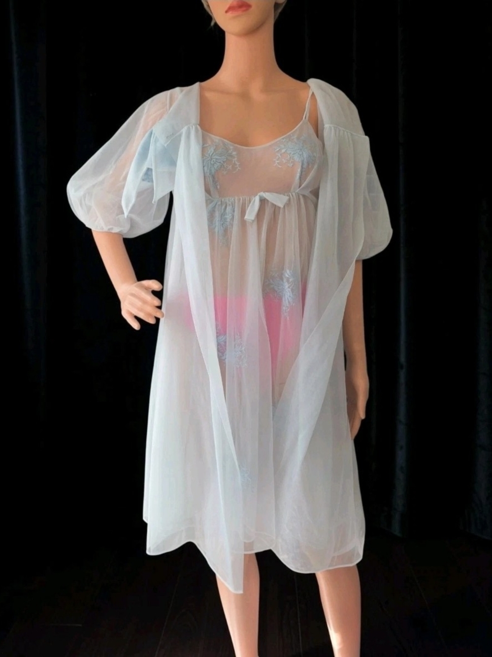 Vintage Eye-Ful by the Flaums Baby Blue Nylon Floral Peignoir Nightgown Set P/XS